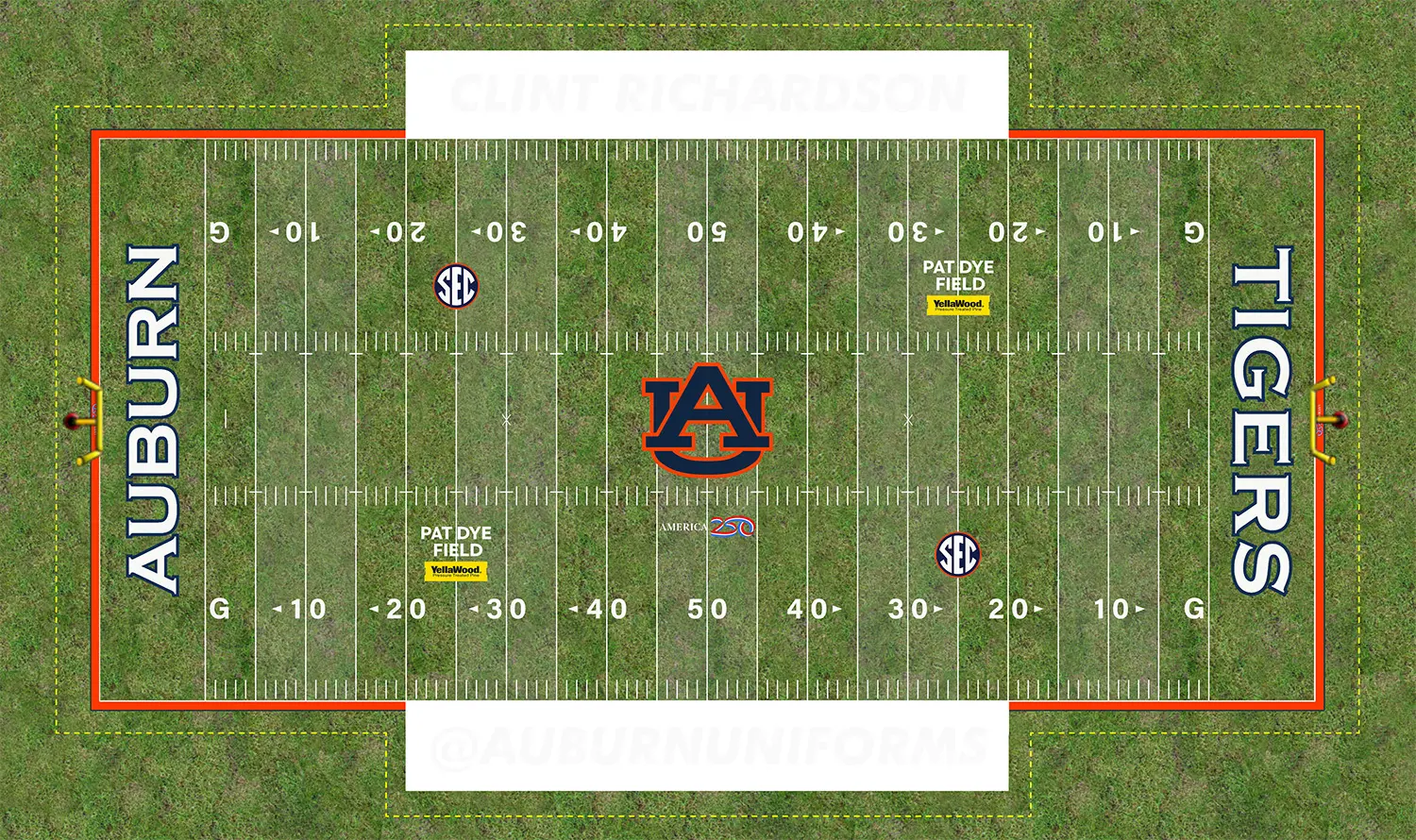 The Pat Dye Field design at Jordan-Hare Stadium for the 2025 Iron Bowl between the Auburn Tigers and Alabama Crimson Tide, featuring the Yellawood advertisement and America 250 celebration logo.