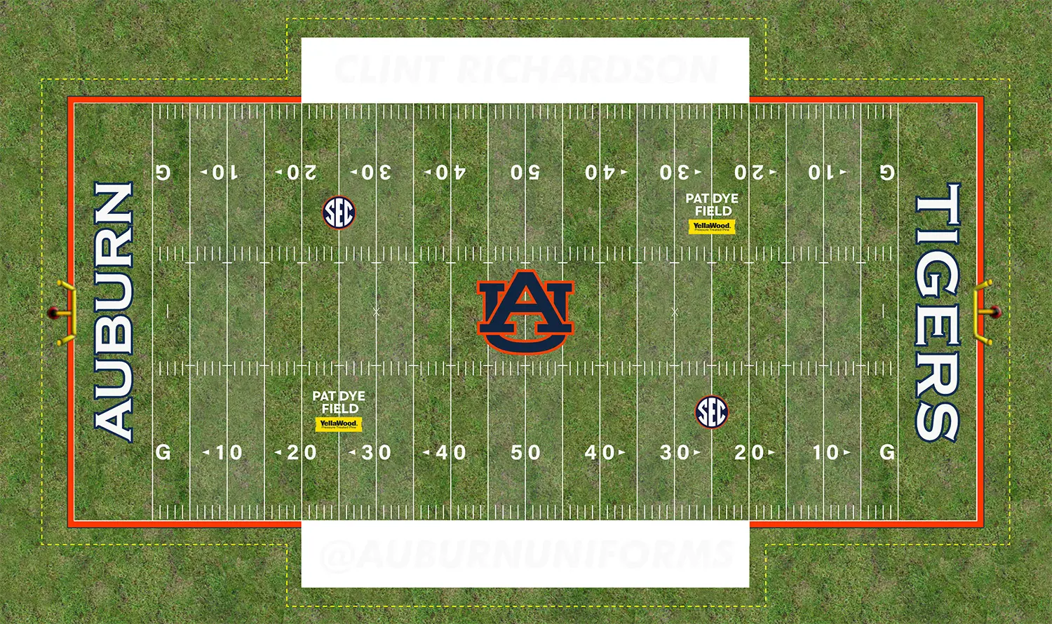 The Pat Dye Field design at Jordan-Hare Stadium for the 2025 Auburn Tigers football season, featuring the Yellawood advertisement.