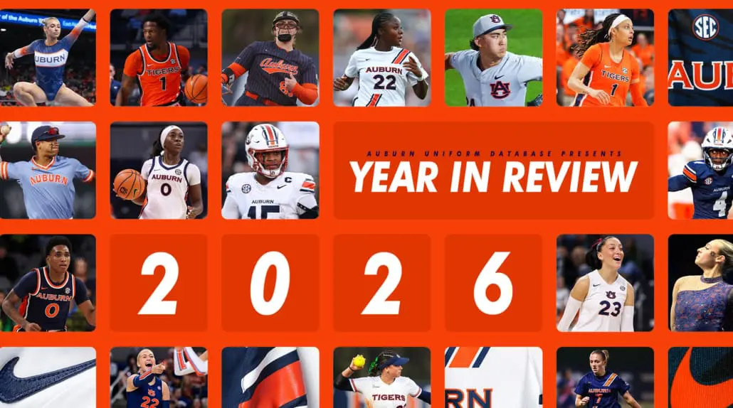 The 2025-26 season review for Auburn Athletics by the Auburn Uniform Database, featuring baseball, basketball, softball, soccer, volleyball, gymnastics, and football.