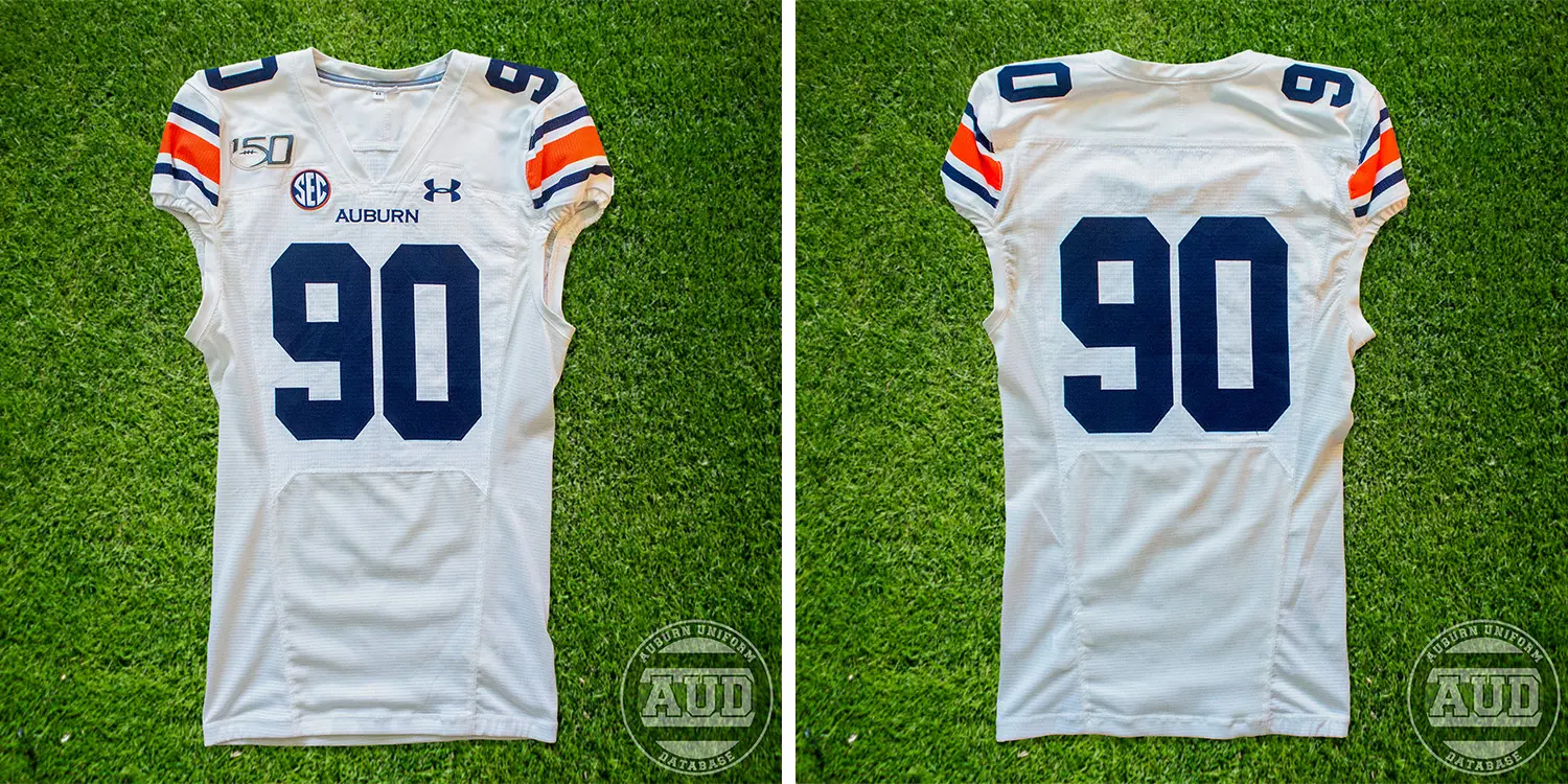 A 2019 Auburn Football white Under Armour jersey with the CFB 2019 patch.