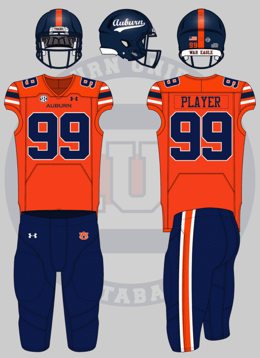 auburn tigers football concept uniform orange jersey blue helmet blue pants script wordmark logo tank bigsby