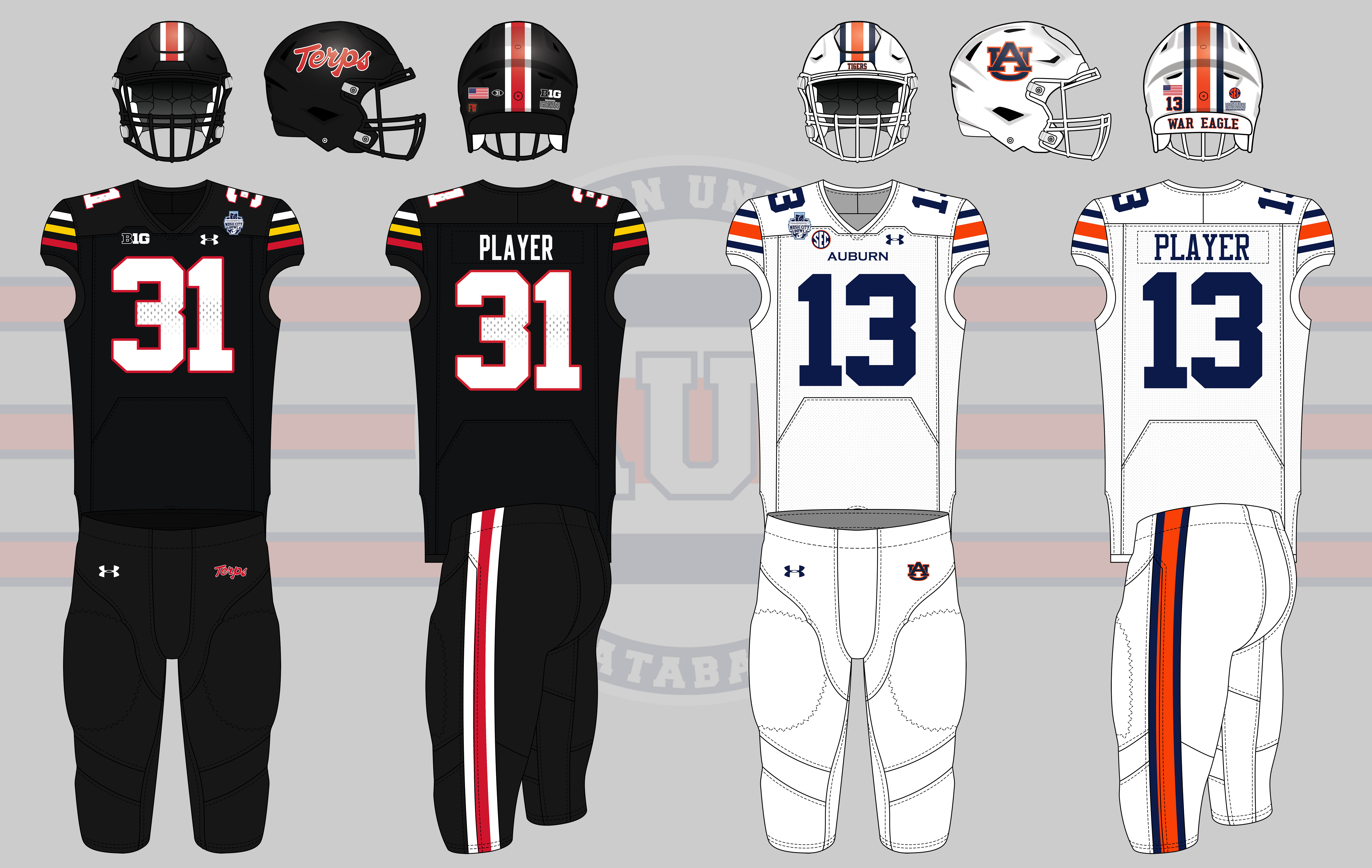 auburn tigers football 2023 music city bowl uniform white facemask maryland terrapins black uniforms frank wycheck nashville tennessee titans