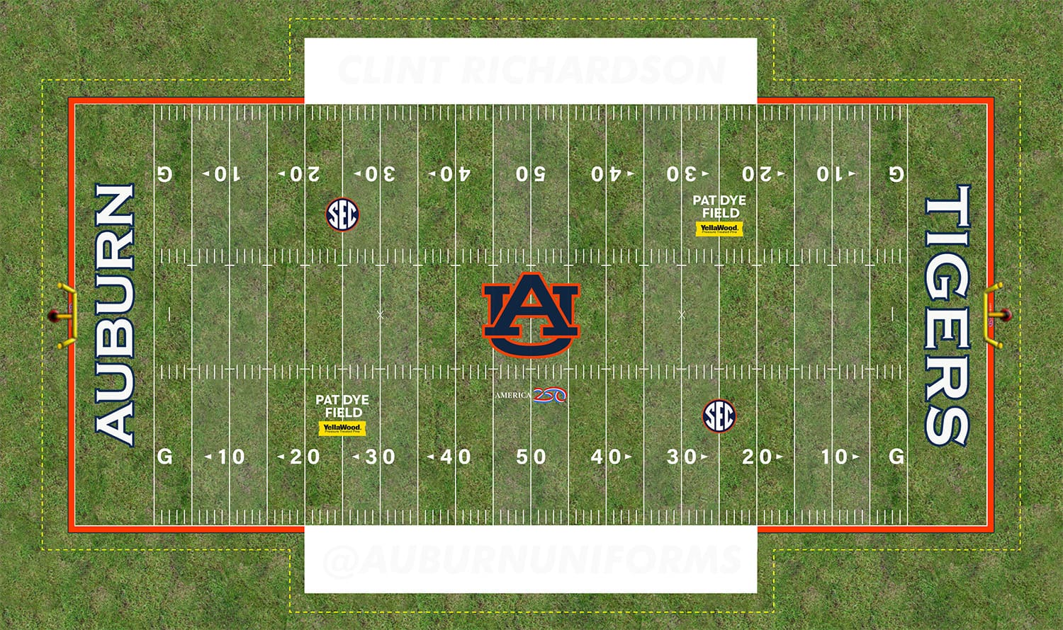 The Pat Dye Field design at Jordan-Hare Stadium for the 2025 Iron Bowl between the Auburn Tigers and Alabama Crimson Tide, featuring the Yellawood advertisement and America 250 celebration logo.
