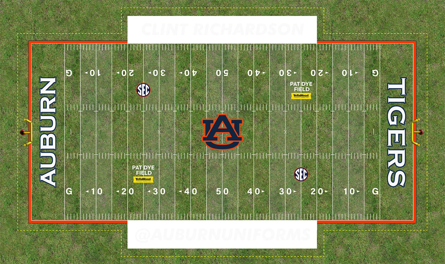 The Pat Dye Field design at Jordan-Hare Stadium for the 2025 Auburn Tigers football season, featuring the Yellawood advertisement.