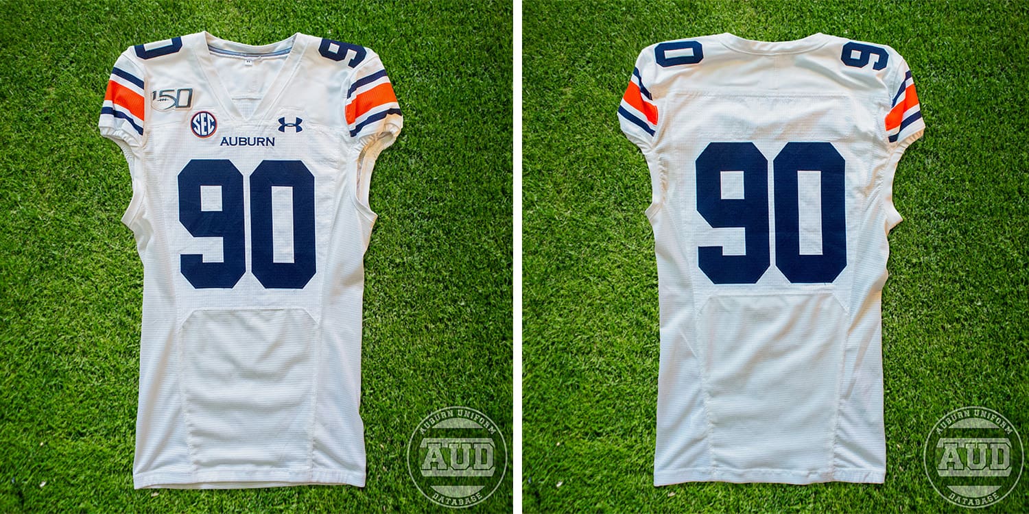 A 2019 Auburn Football white Under Armour jersey with the CFB 2019 patch.