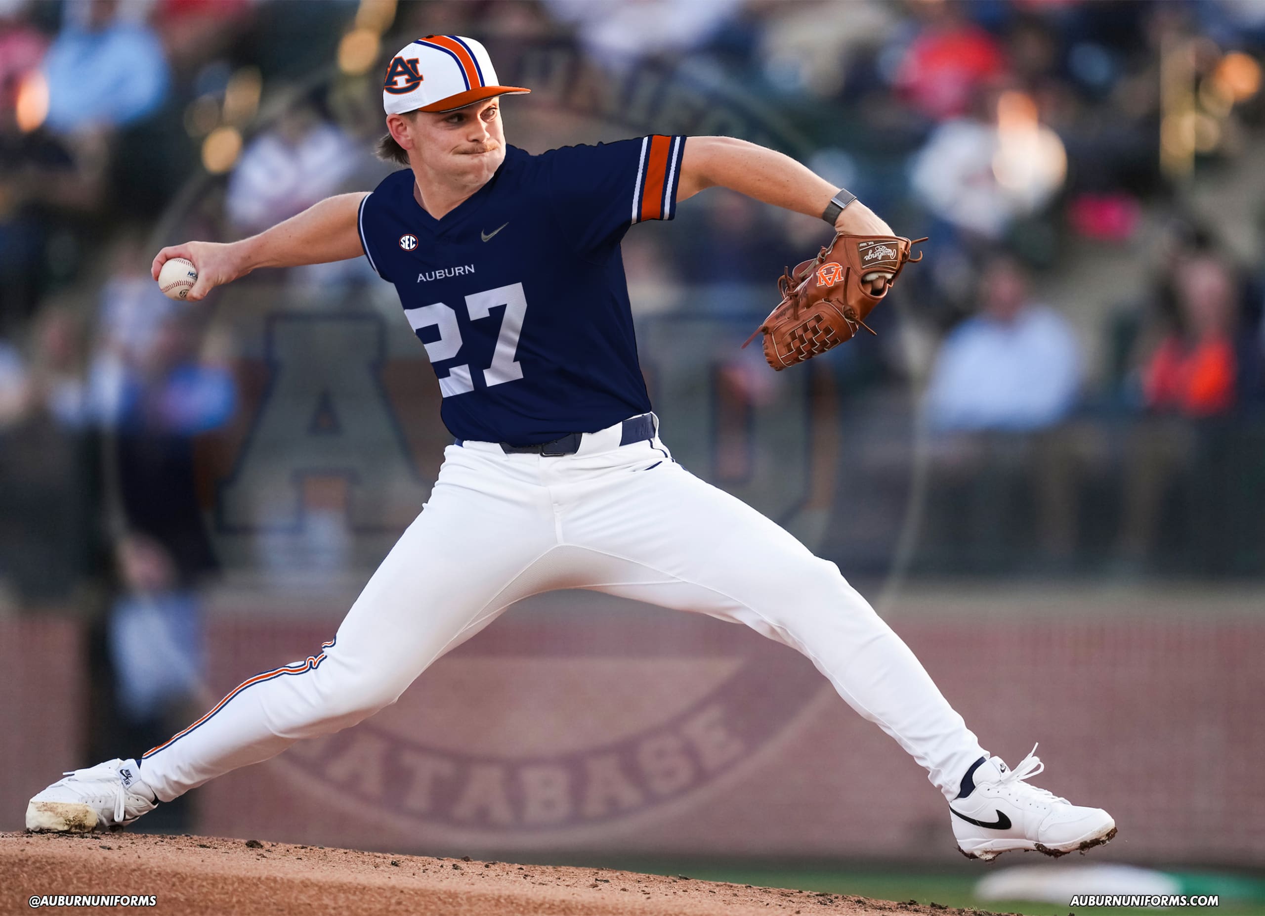 Crazy concept of Auburn baseball featuring a design from Auburn football, with a hat featuring the AU logo on the sides, stripes down the middle, orange brim, and jerseys with the Northwestern stripes on the sleeves.