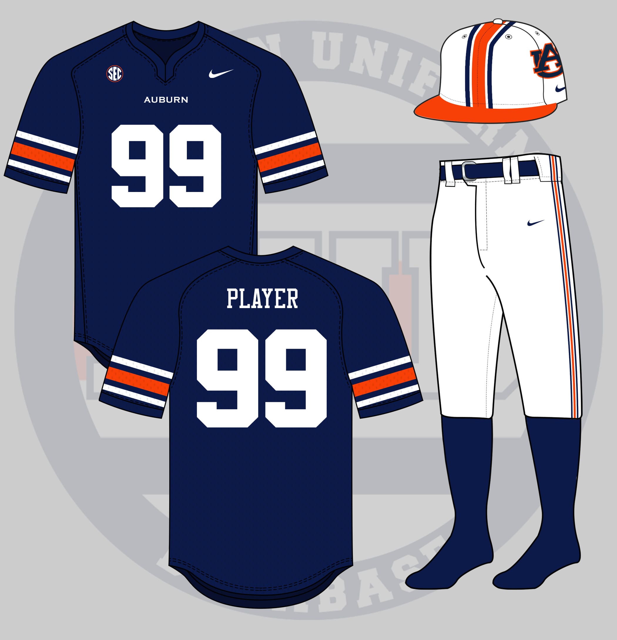 Crazy concept of Auburn baseball featuring a design from Auburn football, with a hat featuring the AU logo on the sides, stripes down the middle, orange brim, and jerseys with the Northwestern stripes on the sleeves.