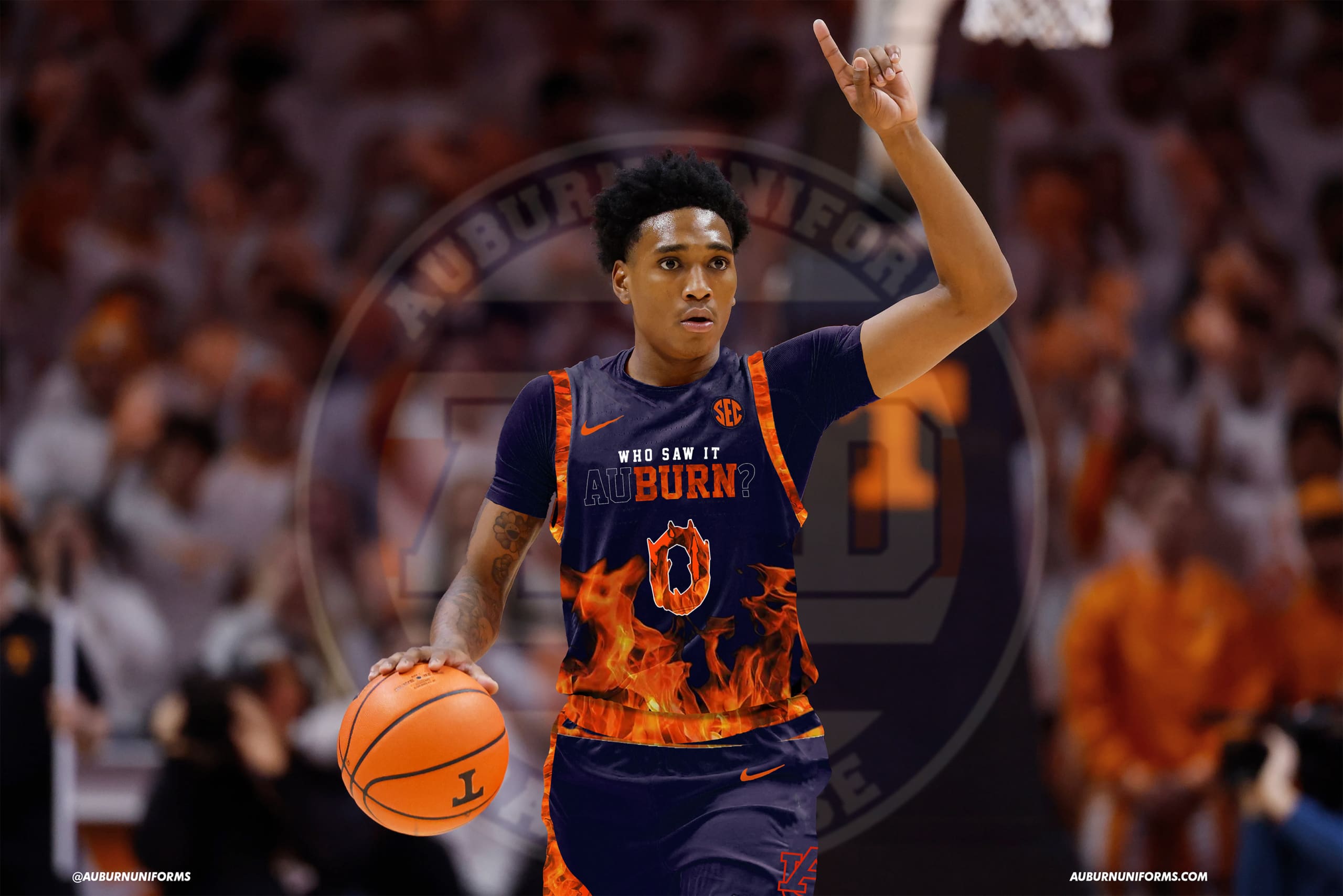 A crazy concept combining Auburn Basketball with Tony Barbee's infamous "Who saw it burn?" tweet regarding the 1996 Auburn-LSU game in which the old Auburn Sports Arena was engulfed in flames just outside the football stadium.