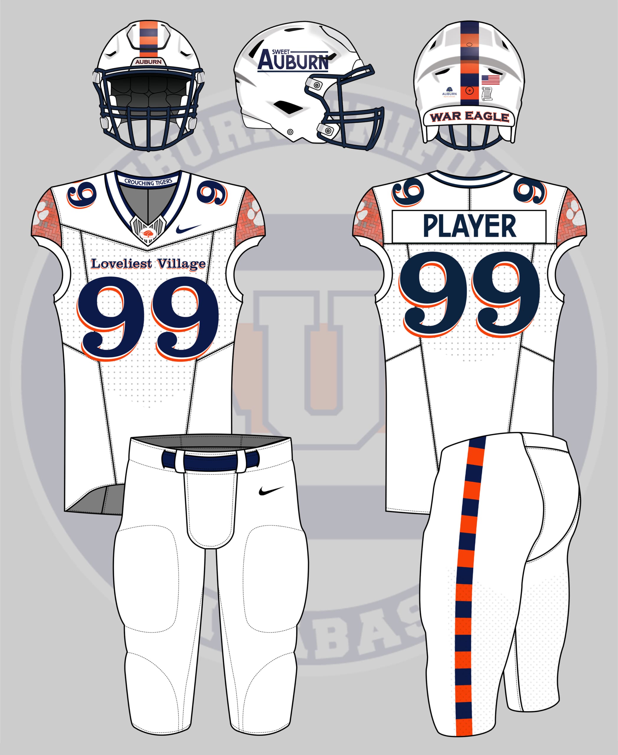 A crazy concept turning the Auburn Football uniform into a city connect design, featuring different elements of Downtown Auburn, including Toomer's Drugs, Toomer's Corner, the City of Auburn, and J&M Bookstore.