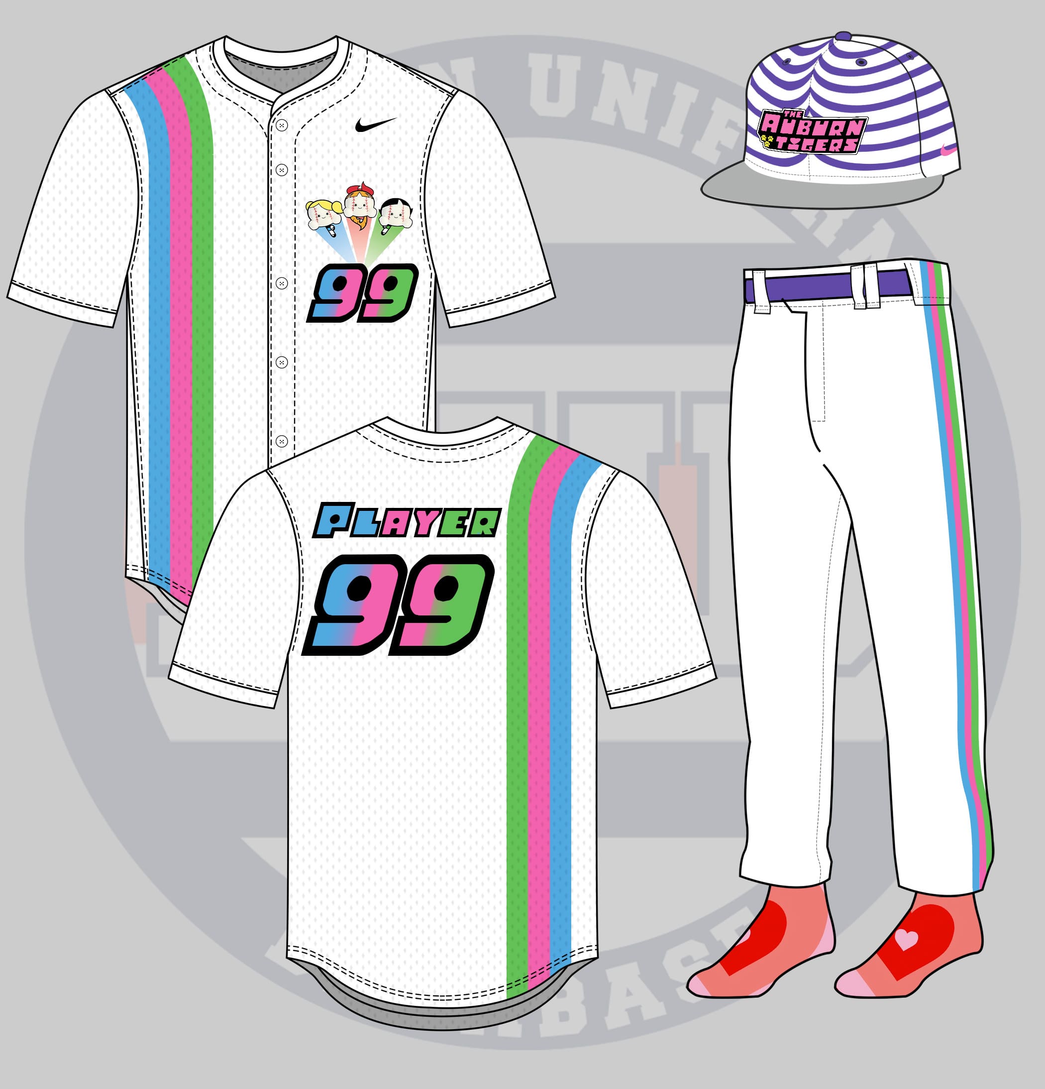 A crazy concept uniform combining Auburn Baseball with the Powerpuff Girls, modeled by Bub Terrell.