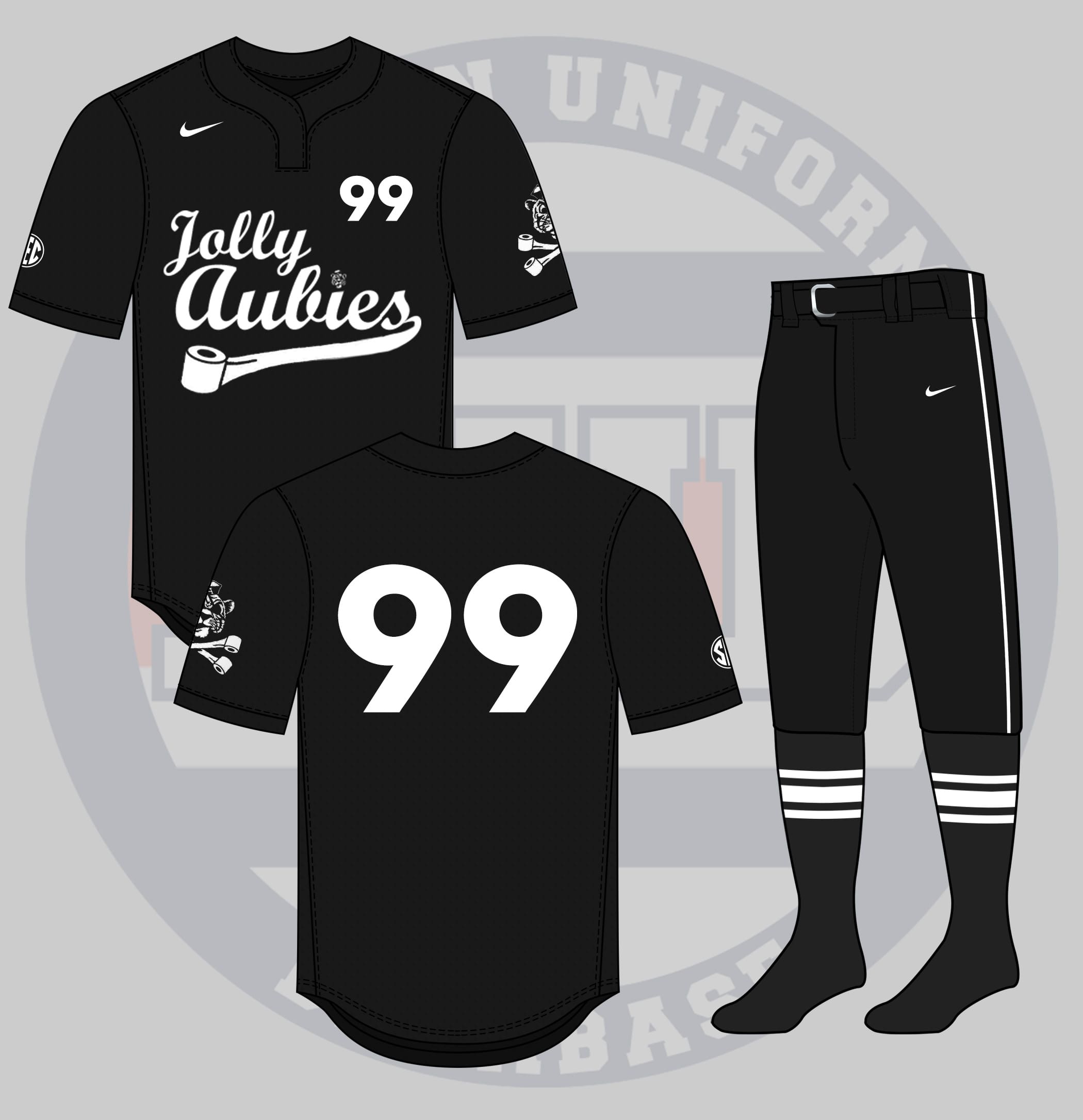 A crazy concept uniform for Auburn Softball, featuring an all black uniform with white Jolly Aubie details.