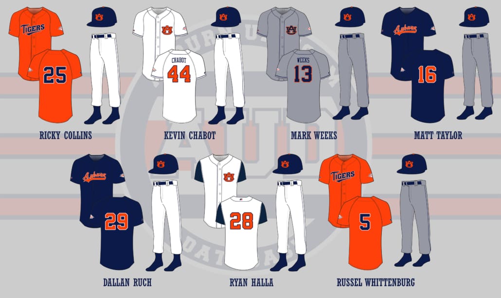 Every uniform worn by the Auburn Baseball team during the 1996 season.