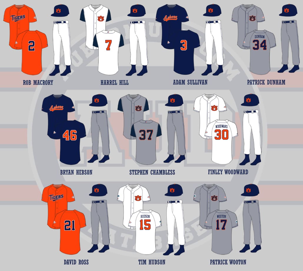 Every uniform the Auburn Baseball wore during the 1997 season, including by Tim Hudson and David Ross.