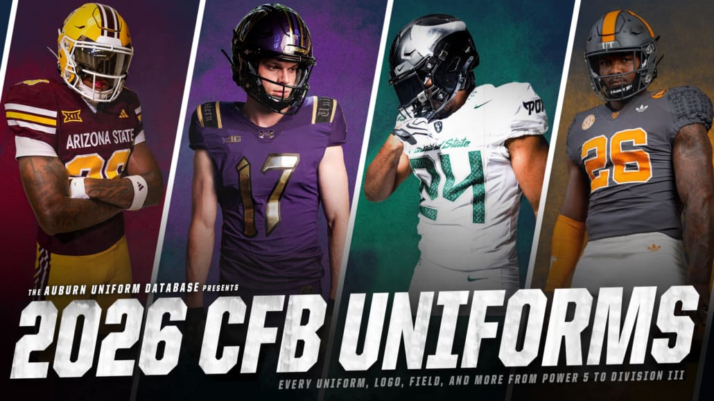 The 2026 college football uniform preview from the Auburn Uniform Database, featuring over 150 schools across Power 5 to Division 3.