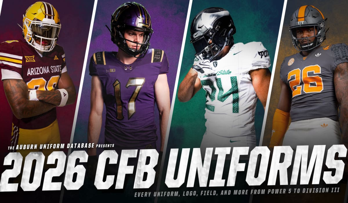 The 2026 college football uniform preview from the Auburn Uniform Database, featuring over 150 schools across Power 5 to Division 3.